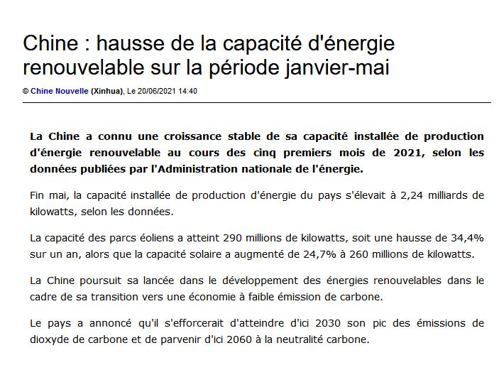 Chine hausse de la capacité dénergie renouvelable sur la période janvier-mai — Chine Informations