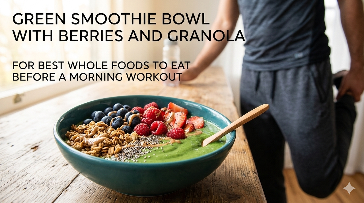 Green smoothie bowl with berries and granola for best whole foods to eat before a morning workout