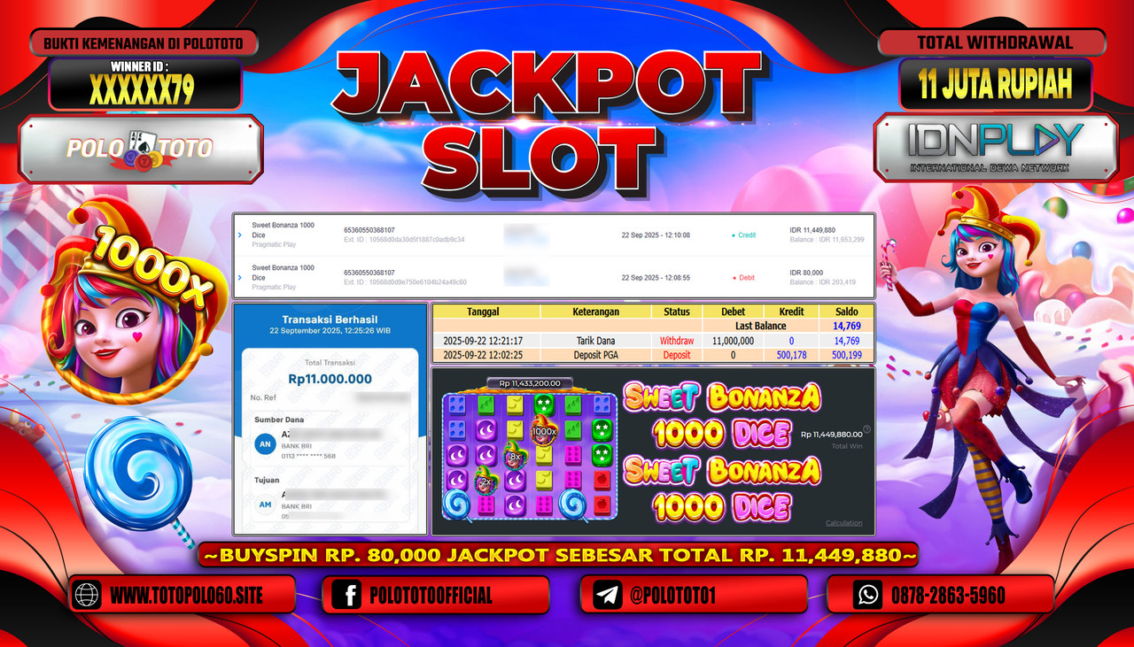POLOTOTO JACKPOT SLOT SWEET BONANZA 1000 DICE Rp.11.000.000,- LUNAS