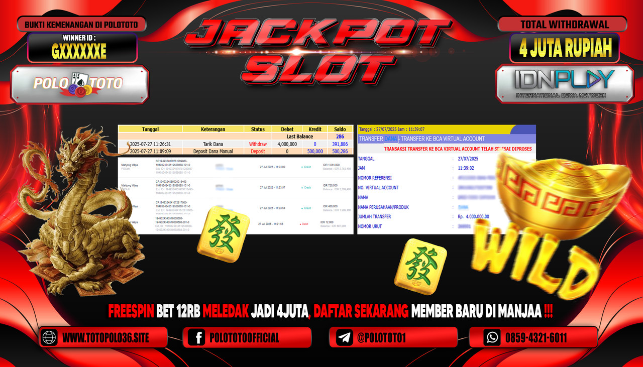POLOTOTO JACKPOT SLOT MAHJONG WAYS Rp.4.000.000,-LUNAS