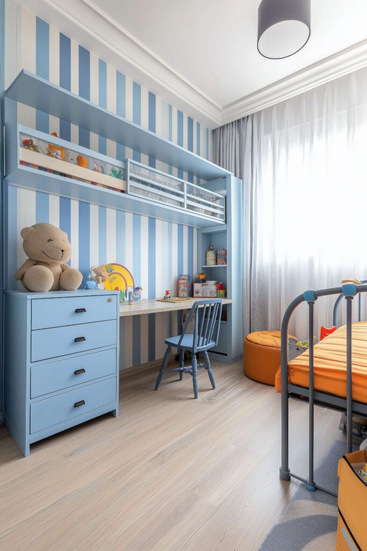 Contemporary Kids Room Design For With Multicoloured Striped Wallpaper