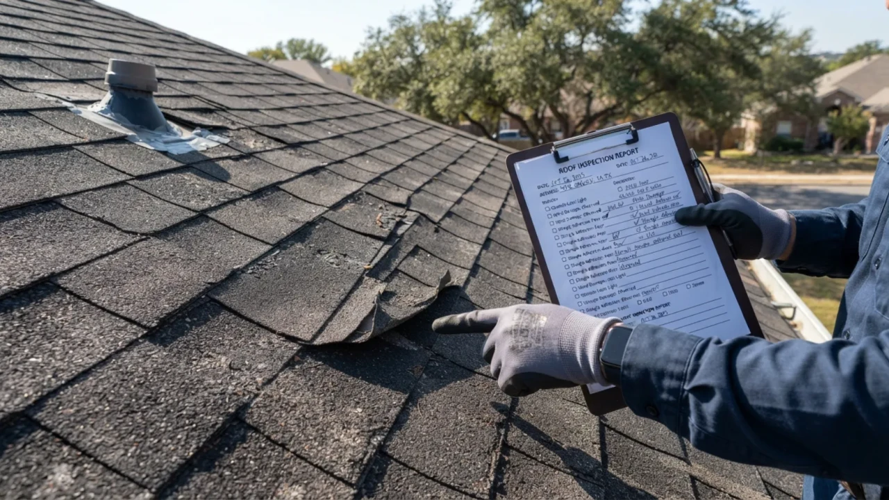 San Antonio roof maintenance inspection overview showing shingles and gutters
