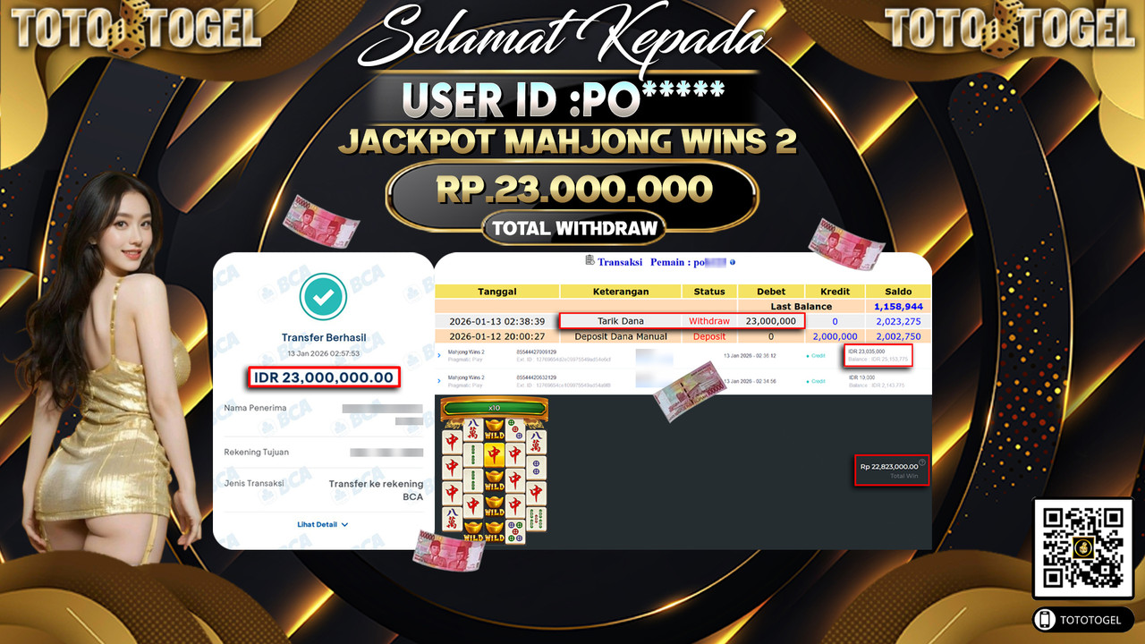 Bukti Pembayaran Jackpot Permainan Slot Mahjong Wins 2 ID:PO*****LUNAS