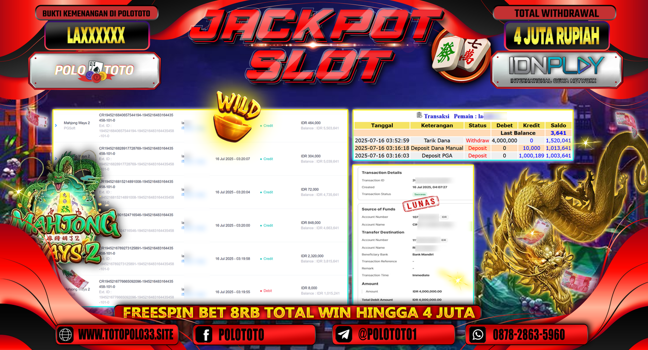 POLOTOTO JACKPOT SLOT MAHJONG WAYS 2 Rp.4.000.000,-