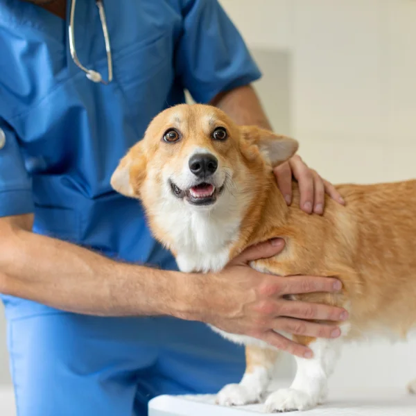 Un hombre con scrubs azules acaricia a un perro, observando síntomas de intoxicación en el animal.