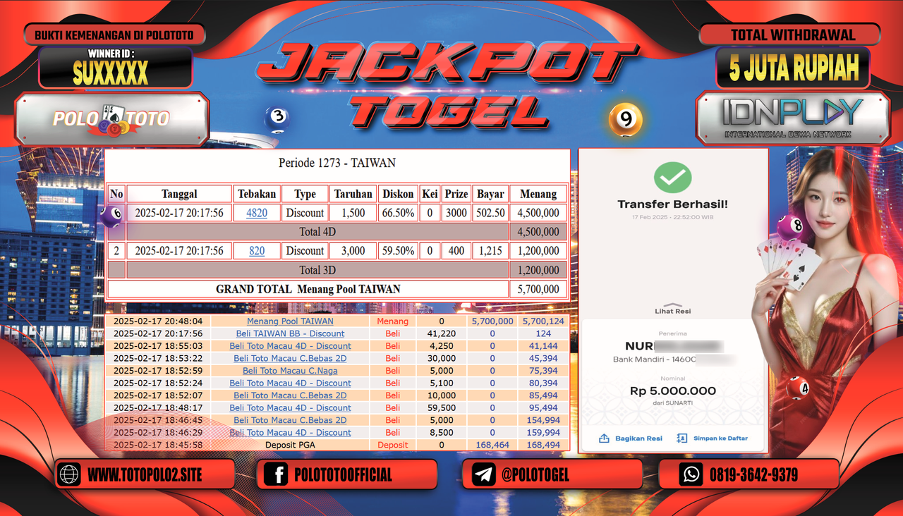 POLOTOTO JACKPOT TOGEL PASARAN TAIWAN Rp.5.000.000,-