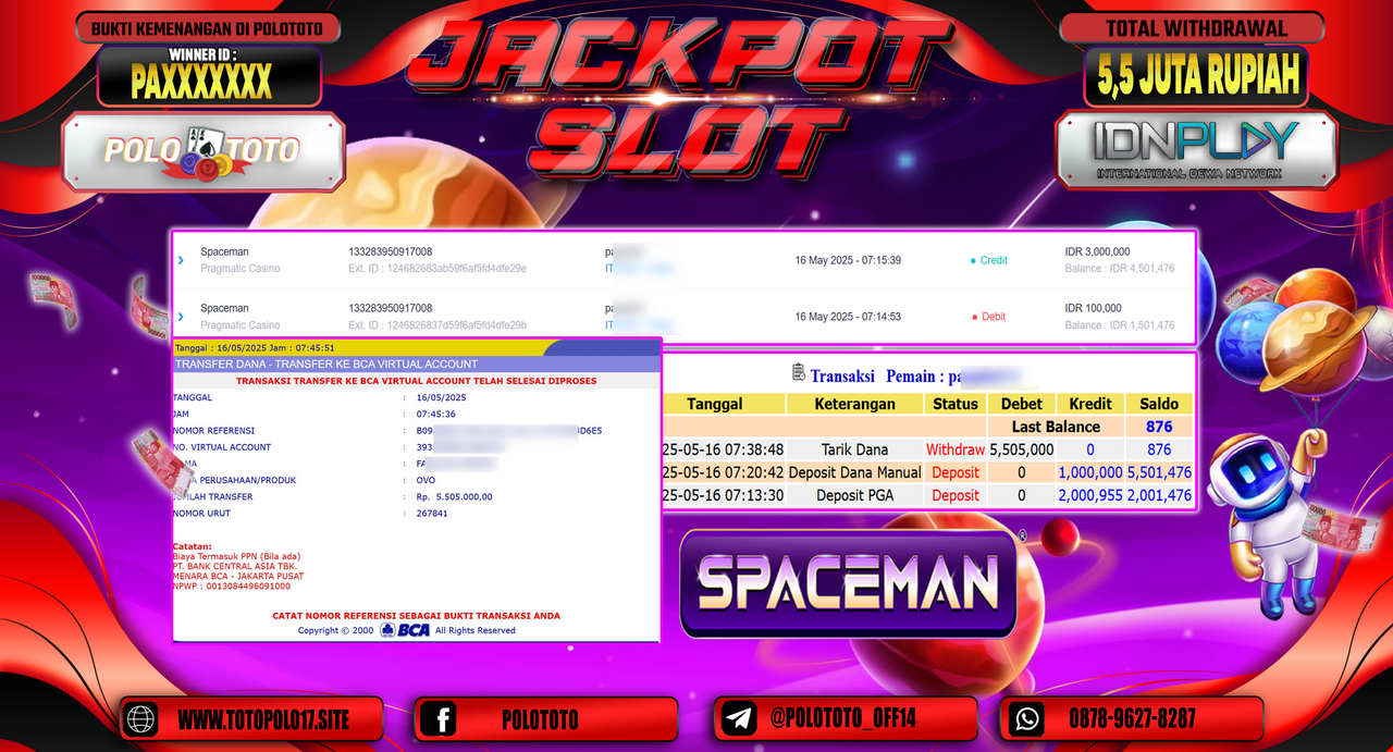 POLOTOTO JACKPOT SLOT SPACEMAN Rp.5.505.000,-