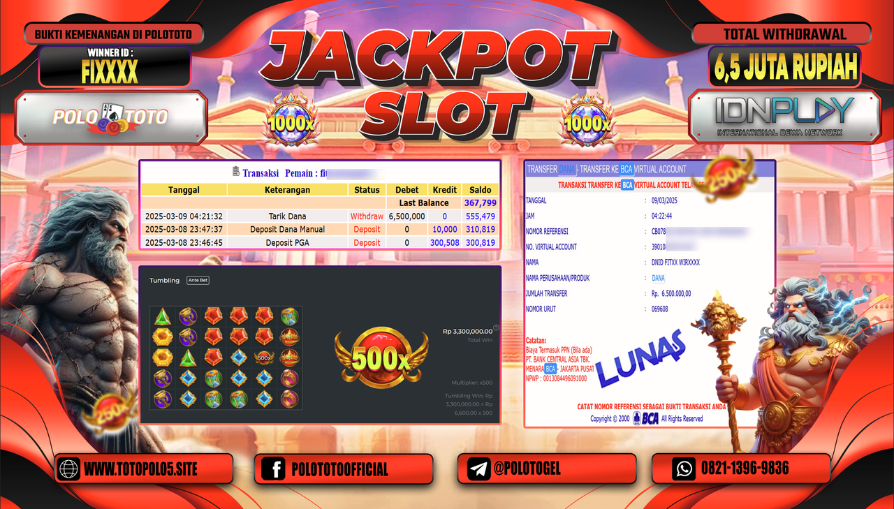 POLOTOTO JACKPOT SLOT GATES OF OLYMPUS 1000 Rp.6.500.000,-