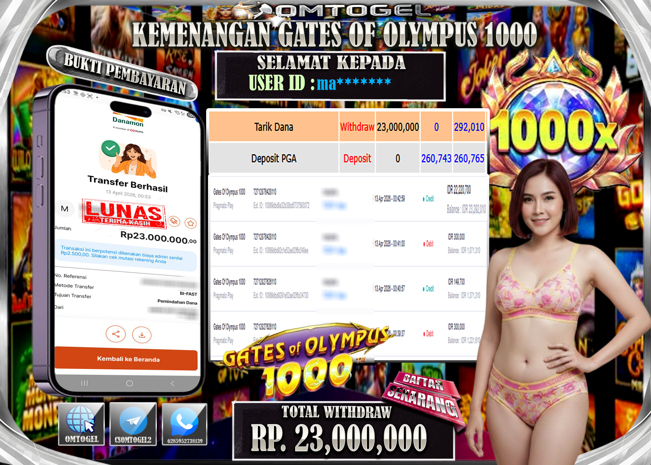 OMTOGEL JACKPOT PRAGMATIC PLAY GATES OF OLYMPUS 1000 , 23 JUTA DI BAYAR LUNAS ,-
