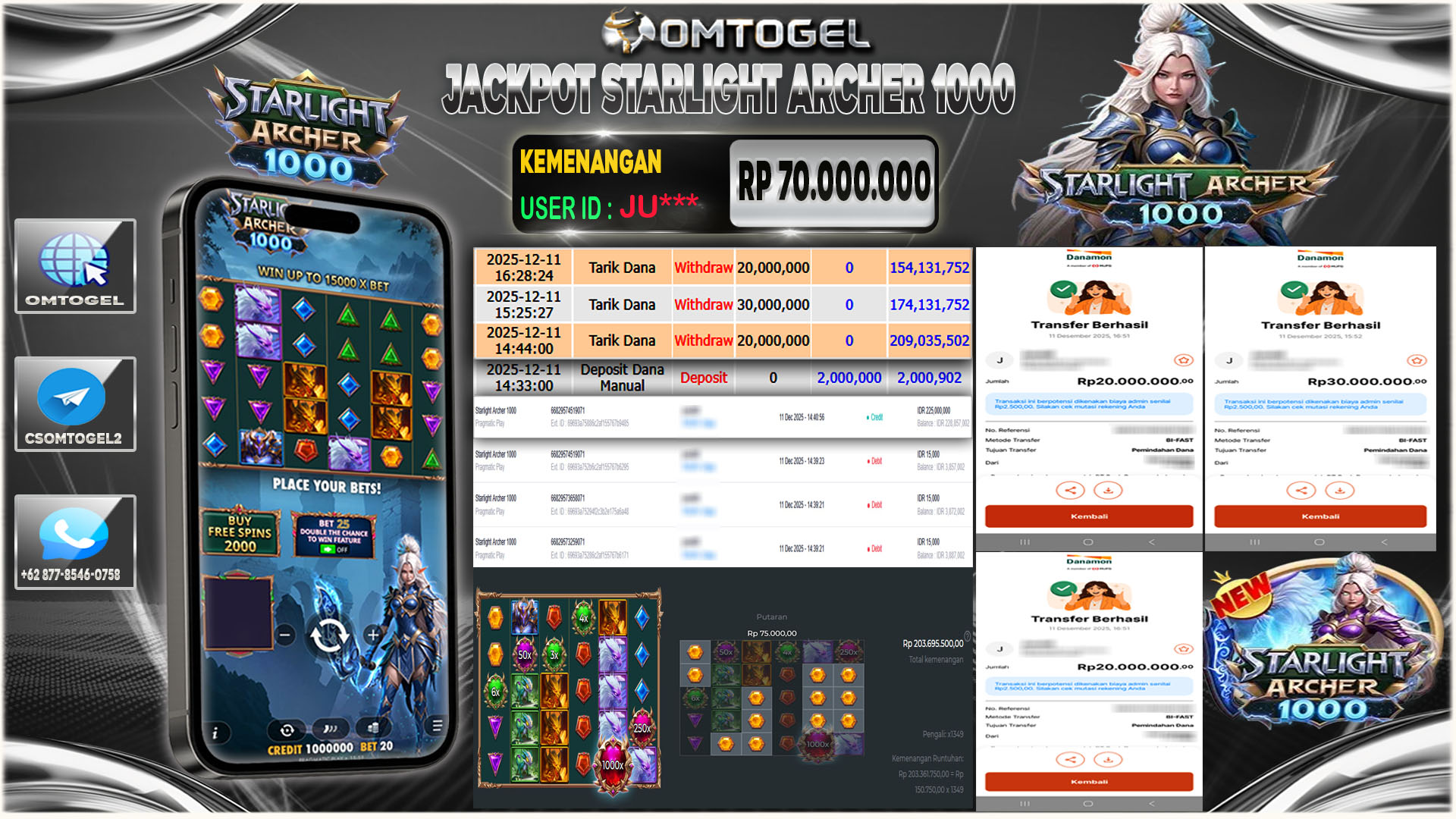 OMTOGEL JACKPOT PRAGMATIC PLAY STARLIGHT ARCHER 1000 ,70 JUTA DI BAYAR LUNAS ,-