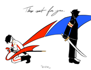 simplistic digital art of Kazuma Asogi as a prosecutor and Ryunosuke Naruhodo from The Great Ace Attorney. Kazuma is kneeling on the floor with a red hachimaki headband in his hands, opposite from Ryunosuke who is holding a katana and with the headband sliced on his half of the canvas and colored blue instead of red. The text reads: This isn't for you.