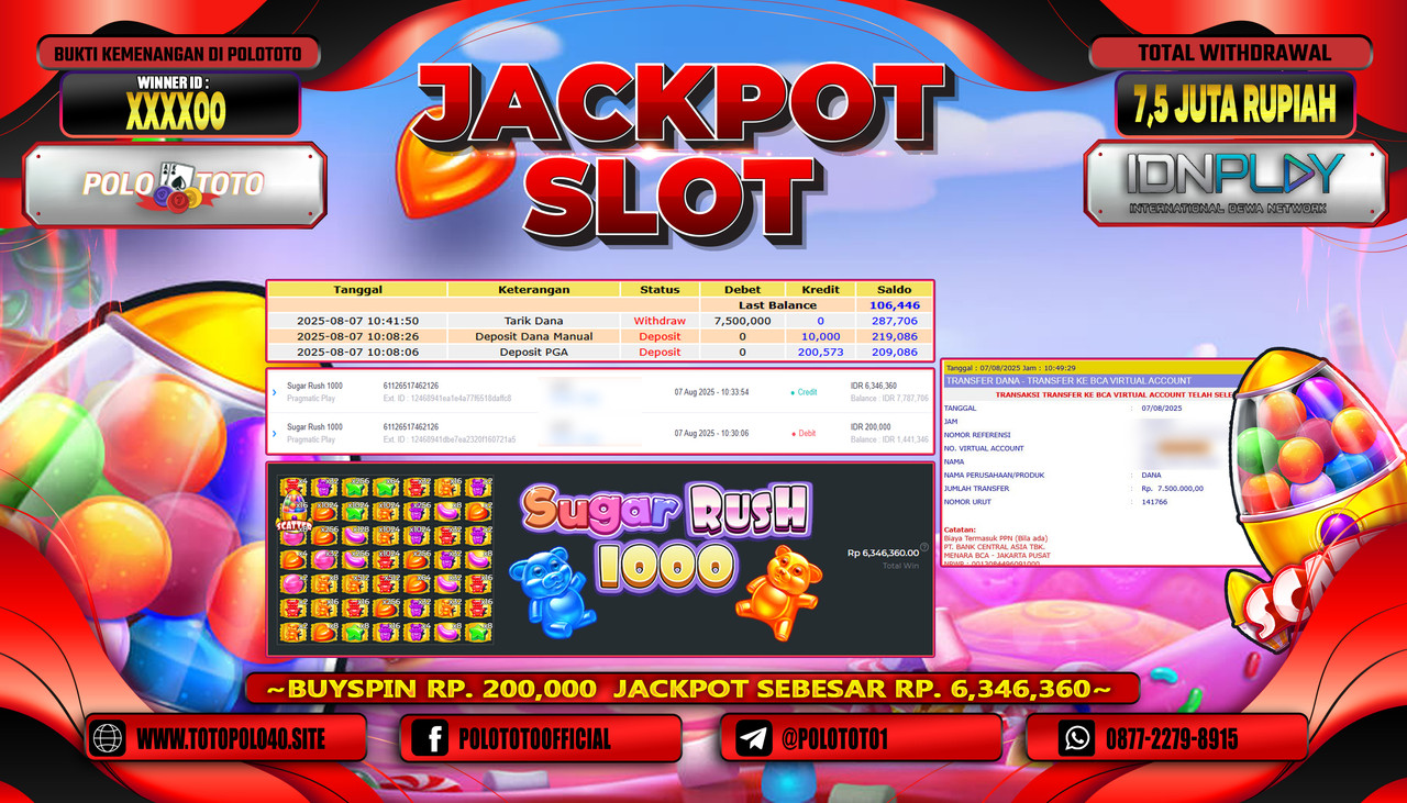POLOTOTO JACKPOT SLOT SUGAR RUSH 1000 Rp.7.500.000,-LUNAS