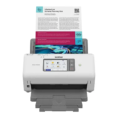 Vista frontal do scanner Brother ADS-4700W com a tela touchscreen colorida de 4,3 polegadas.