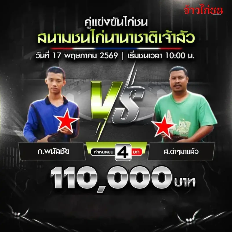 ก.พนัสชัย vs ส.ดำๆมาแล้ว โปรแกรมไก่ชน สนามชนไก่นานาชาติเจ้าสัว 17 พฤษภาคม 2569
