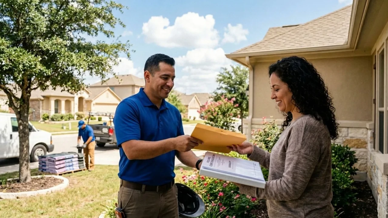 Roofing contractor providing certification documents to a San Antonio homeowner
