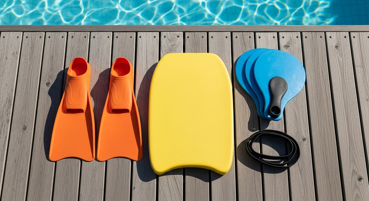 Тренировочный инвентарь для плавания доска ласты и лопатки у бассейна