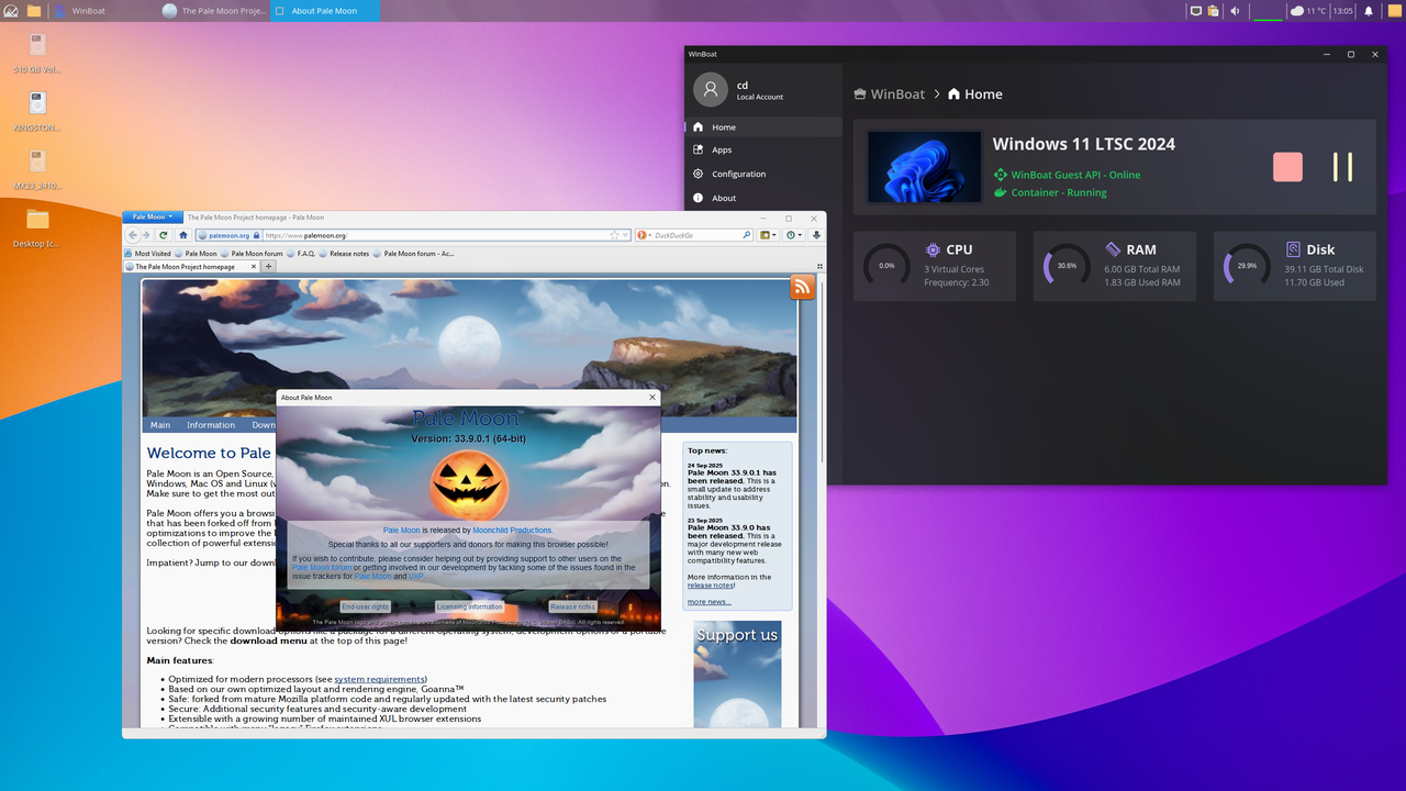 MX Linux with WinBoat and official Pale Moon for Windows 2025-10-17