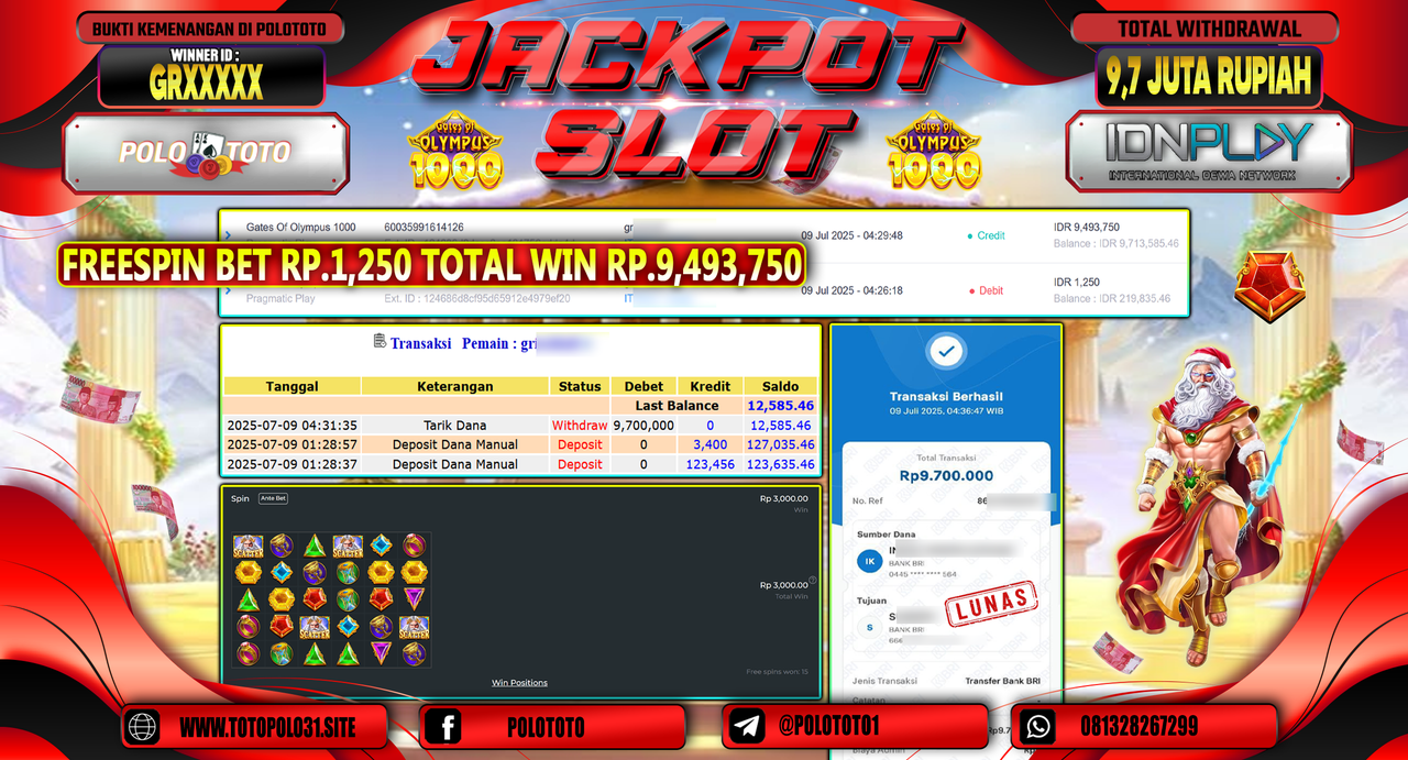 POLOTOTO JACKPOT SLOT GATES OF OLYMPUS 1000 Rp.9.700.000,-