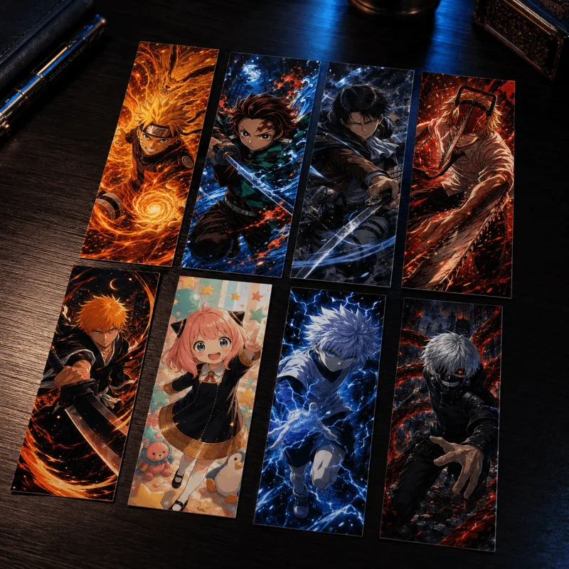Vários marcadores de anime deitados sobre a mesa, mostrando a variedade das artes