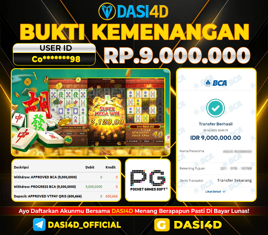 BUKTI KEMENANGAN 06 JULI 2025 DI MAHJONG WAYS RP 9.000.000