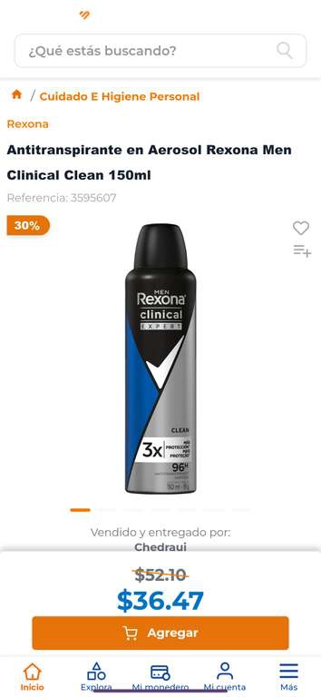 Chedraui en línea: Antitranspirante en Aerosol Rexona Men Clinical Clean 150ml Cancún. 
