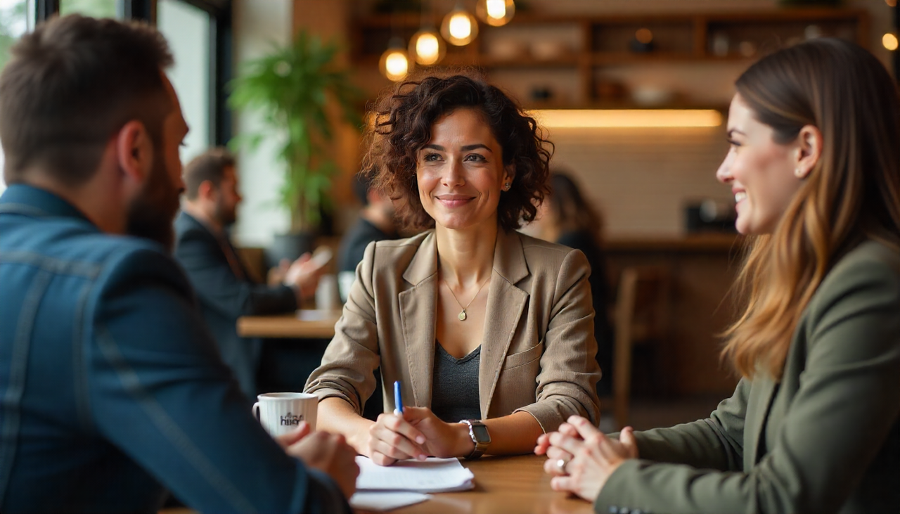 Consultor en Marketing Digital Mujer joven y profesional junto a una pareja reunidos en la mesa de un bar