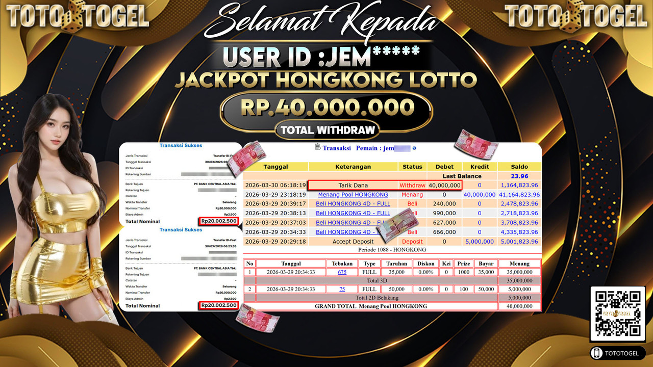 Bukti Pembayaran Jackpot Permainan Togel Hongkong Lotto ID:JEM*****LUNAS