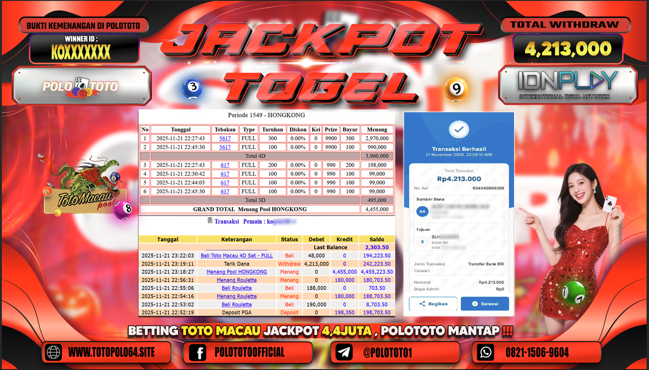 POLOTOTO JACKPOT TOGEL MENANG HONGKONG LOTTO Rp.4.213.000,- LUNAS