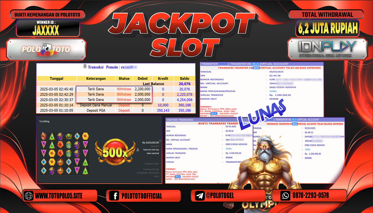 POLOTOTO JACKPOT SLOT GATES OF OLYMPUS 1000 Rp.6.200.000,-