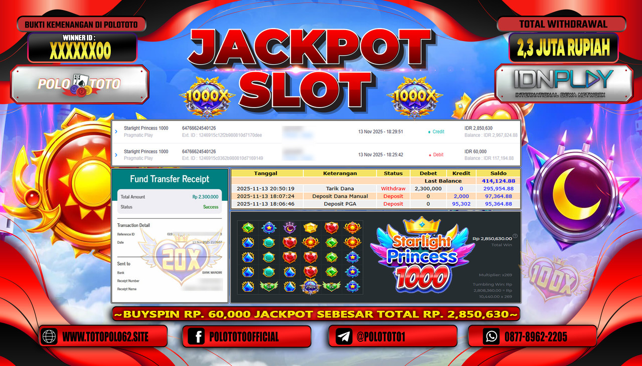 POLOTOTO JACKPOT SLOT STARLIGHT PRINCESS 1000 Rp.1.500.000,- LUNAS
