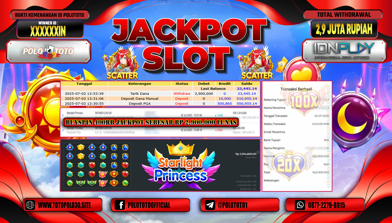 POLOTOTO JACKPOT SLOT STARLIGHT PRINCESS Rp.2.900.000,- LUNAS