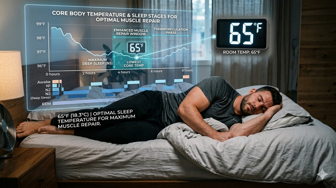 Graph showing core body temperature dropping during sleep stages for optimal sleep temperature for maximum muscle repair