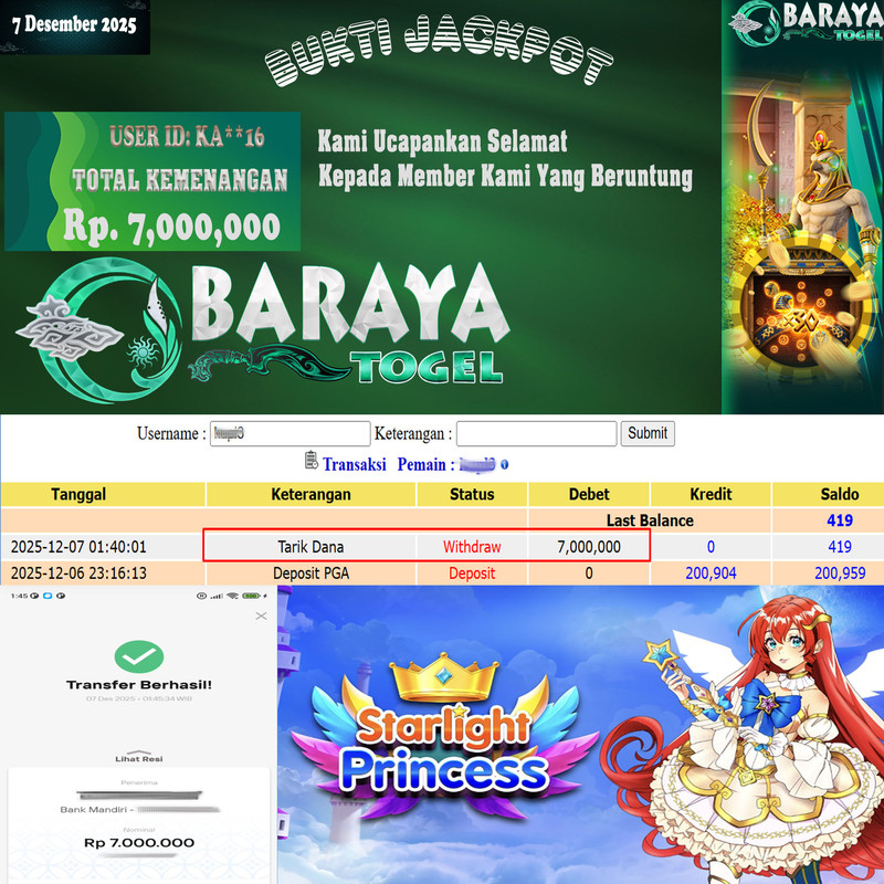 Rp. 7.000.000.- WD LUNAS DI BARAYATOGEL