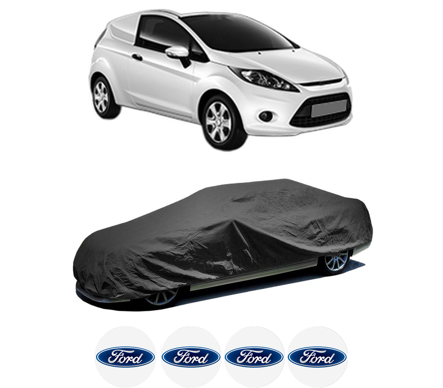 Husa tip prelata auto pentru FORD FIESTA VI Van din 2009-2017, Culoare Negru, material textil impermeabil, rezistanta la intemperii praf UV, CARPASSION Husa Protectie, 4 Stickere auto cu FORD