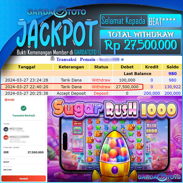 JACKPOT SLOT  LAGI GACOR MAIN DI SLOT SUGAR RUSH 1000 WD Rp 27.500.000,- DIBAYAR LUNAS