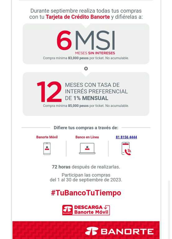 Banorte: 6 Meses Sin Intereses o 12 Meses con tasa de interés preferencial en todas tus compras de septiembre