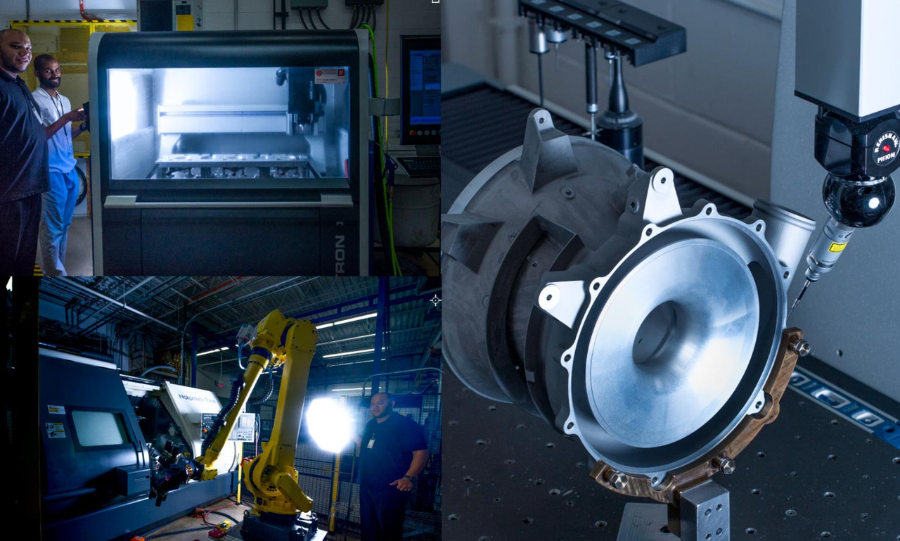 Manufacturing product photography collage showing CNC machining, robotic automation, and precision metal parts