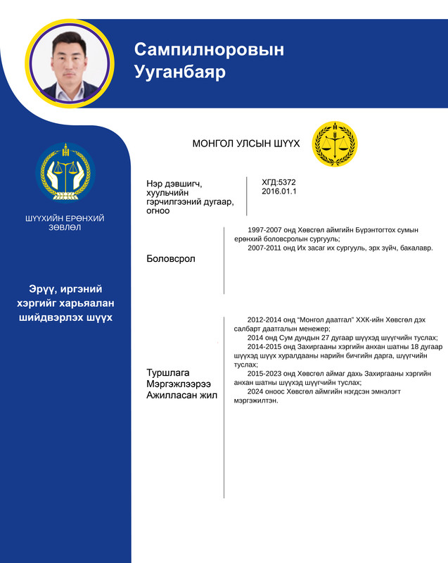 Эрүү, иргэний хэргийг харьяалан шийдвэрлэх анхан шатны шүүхийн шүүгчид нэр дэвшигч С.Ууганбаярын мэргэжлийн үйл ажиллагааны танилцуулга