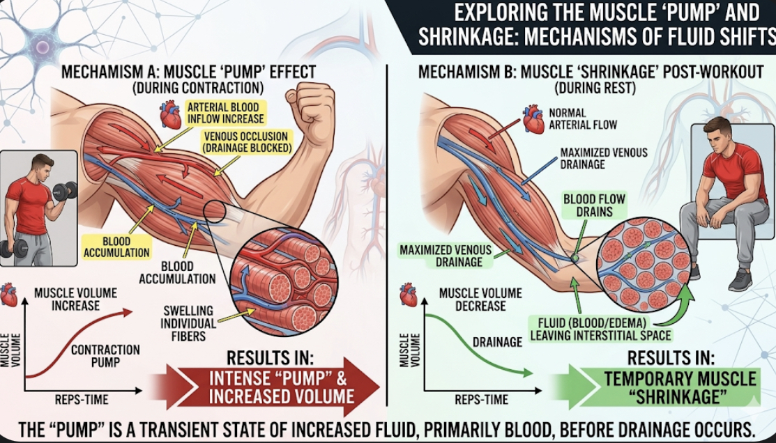 Diagram showing blood flow into muscle during contraction creating pump effect and fluid draining post-workout causing shrinkage