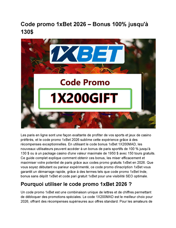 Code Promo 1XBET Welcome - Bonus 100% 130€