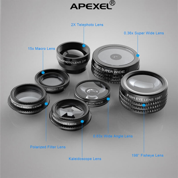 Kit de lentes de cámara 7 en 1 Apexel con estuche.