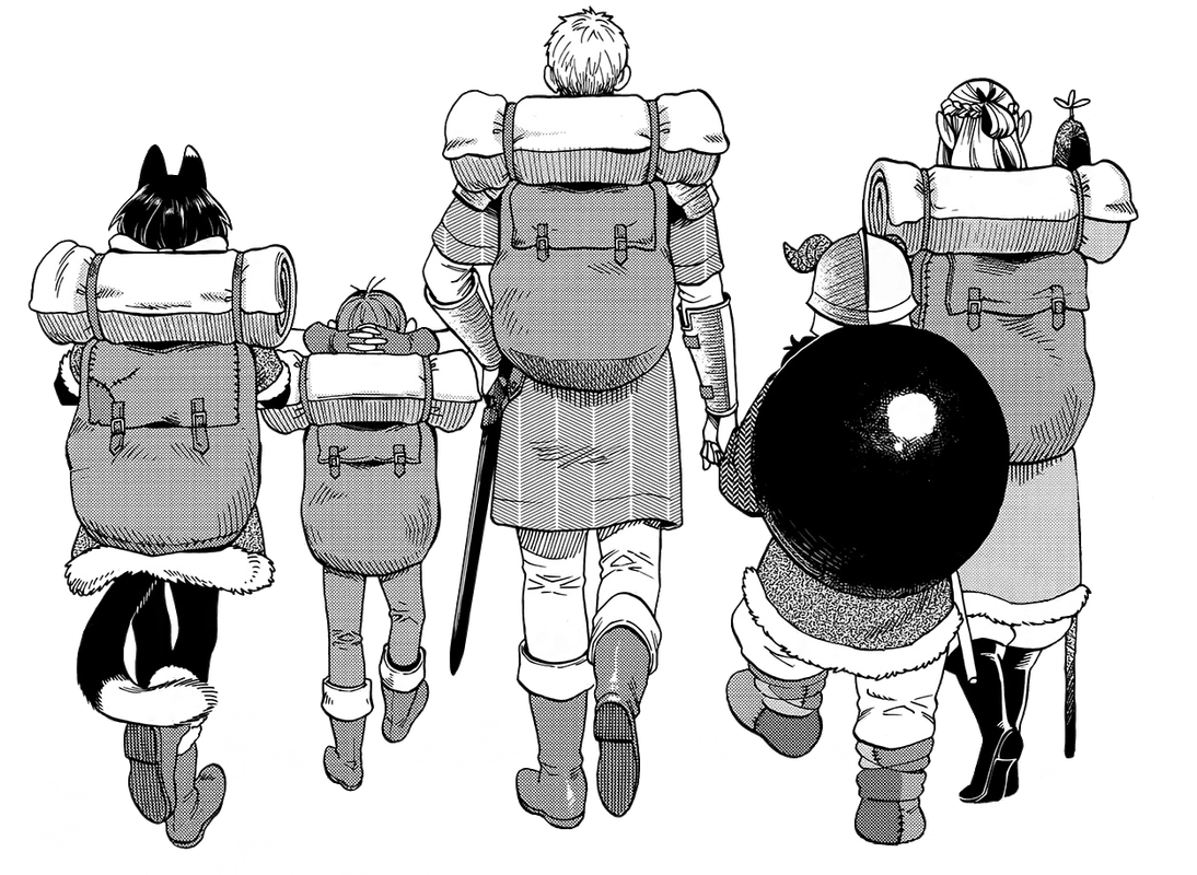 laios' guild from dungeon meshi walking forwards while facing backwards laios' guild from dungeon meshi walking forwards while facing backwards