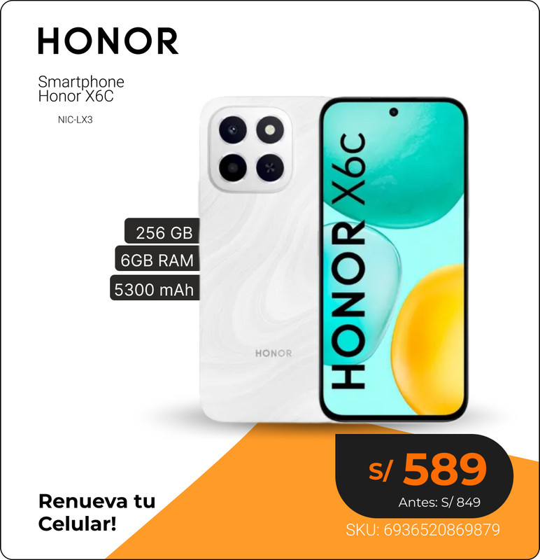 Smartphone Honor X6C con cámara de 50MP y 256GB de almacenamiento