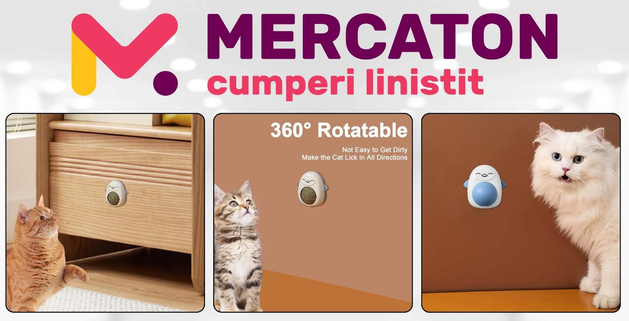 Set 3 Jucarii Mercaton pentru Pisicute, Model Pinguin, Minge Rotativa 360° din Iarba Catnip, 6 cm, Albastru - Pachete Promotionale - Mercaton Store