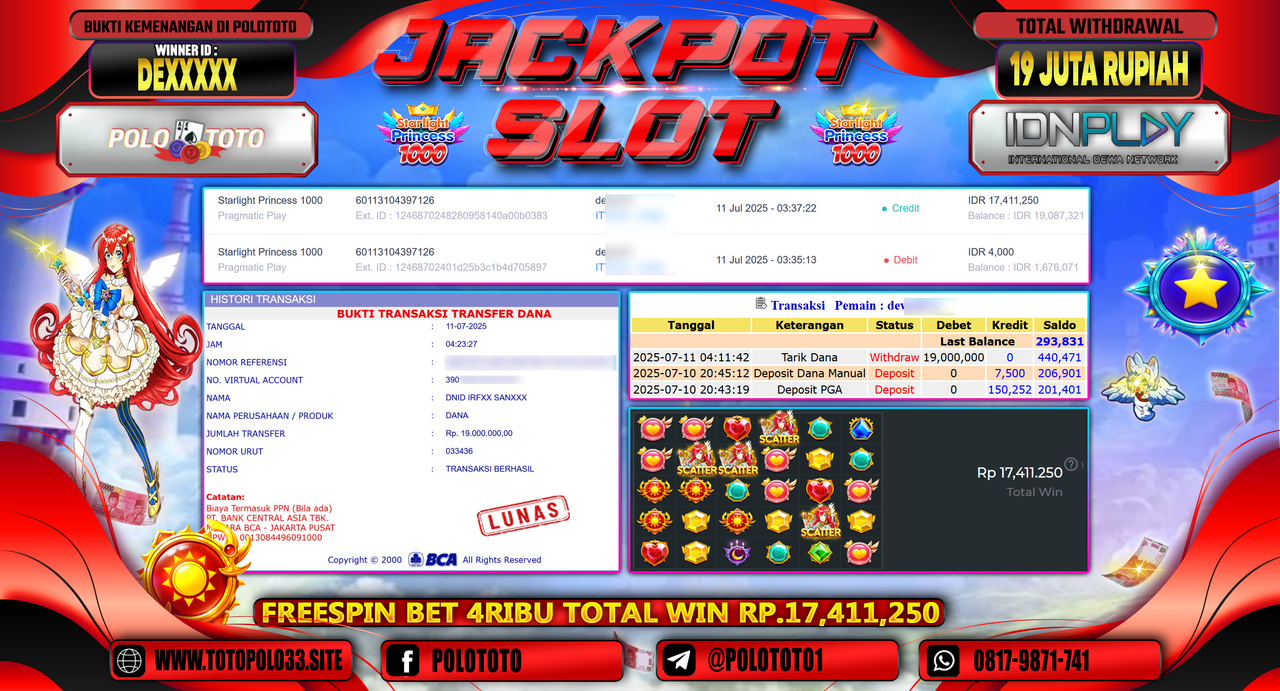 POLOTOTO JACKPOT SLOT STARLIGHT PRINCESS 1000 Rp.19.000.000,-