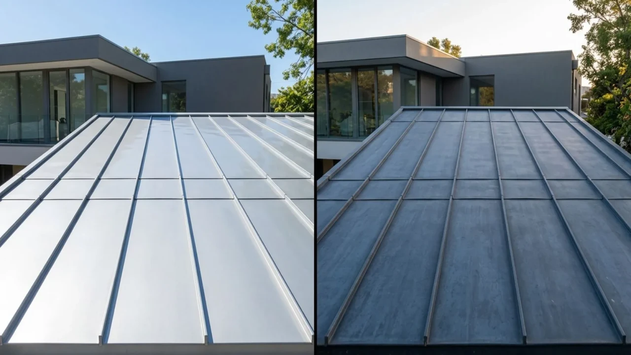 Zinc flat lock roof panels on a modern home showing patina development stages