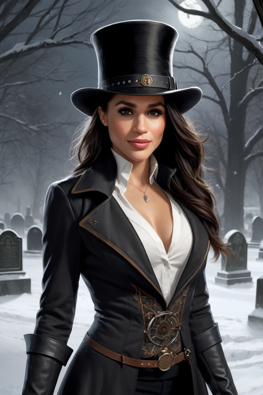 524186213 meghan markle steampunk vampire hunter in a graveyard at night 0016
