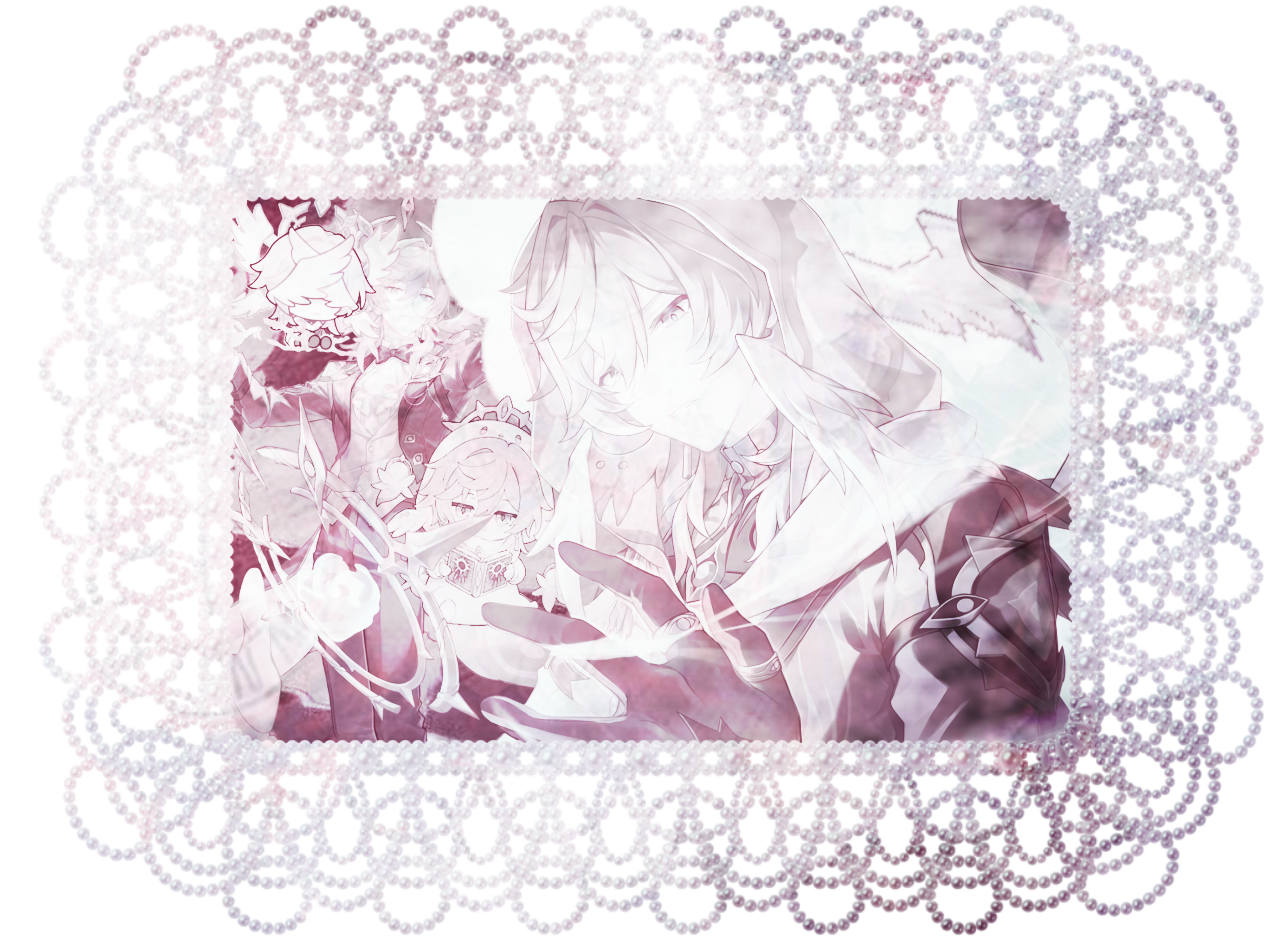 A rectangular decal filled with a collage of images depicting Sunday from Honkai: Star Rail. it has pastel overlays over it.
