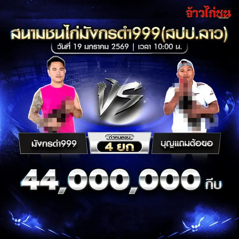 โปรแกรมไก่ชน คู่เด่น มังกรดำ999 พบ บุญแก่นตัยยอ ชิง 44,000,000 กีบ ชน 4 ยก คู่เอก