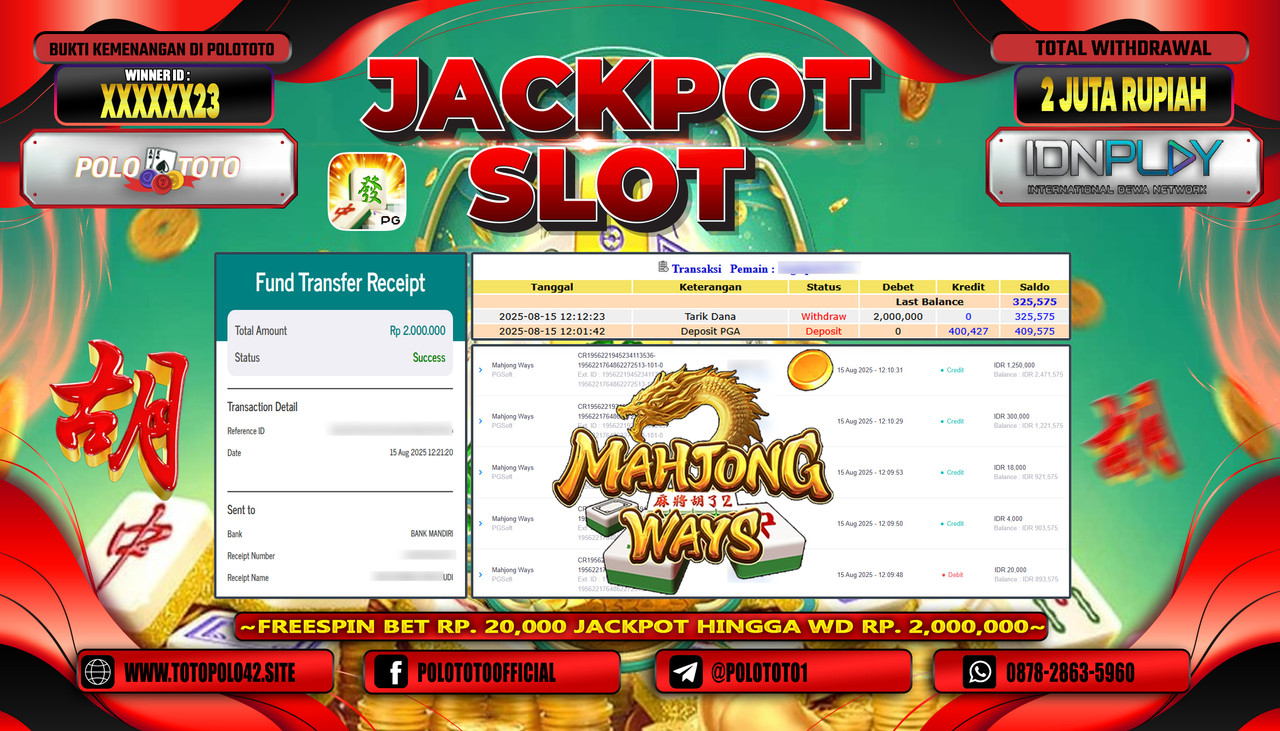 POLOTOTO JACKPOT SLOT MAHJONG WAYS Rp.2.000.000,-LUNAS